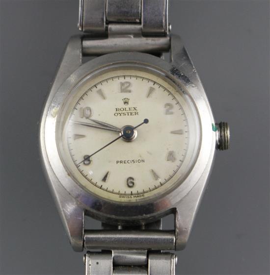 A ladys early 1960s? stainless steel Rolex Oyster Precision manual wind wrist watch (a.f.), on stainless steel Rolex bracelet,